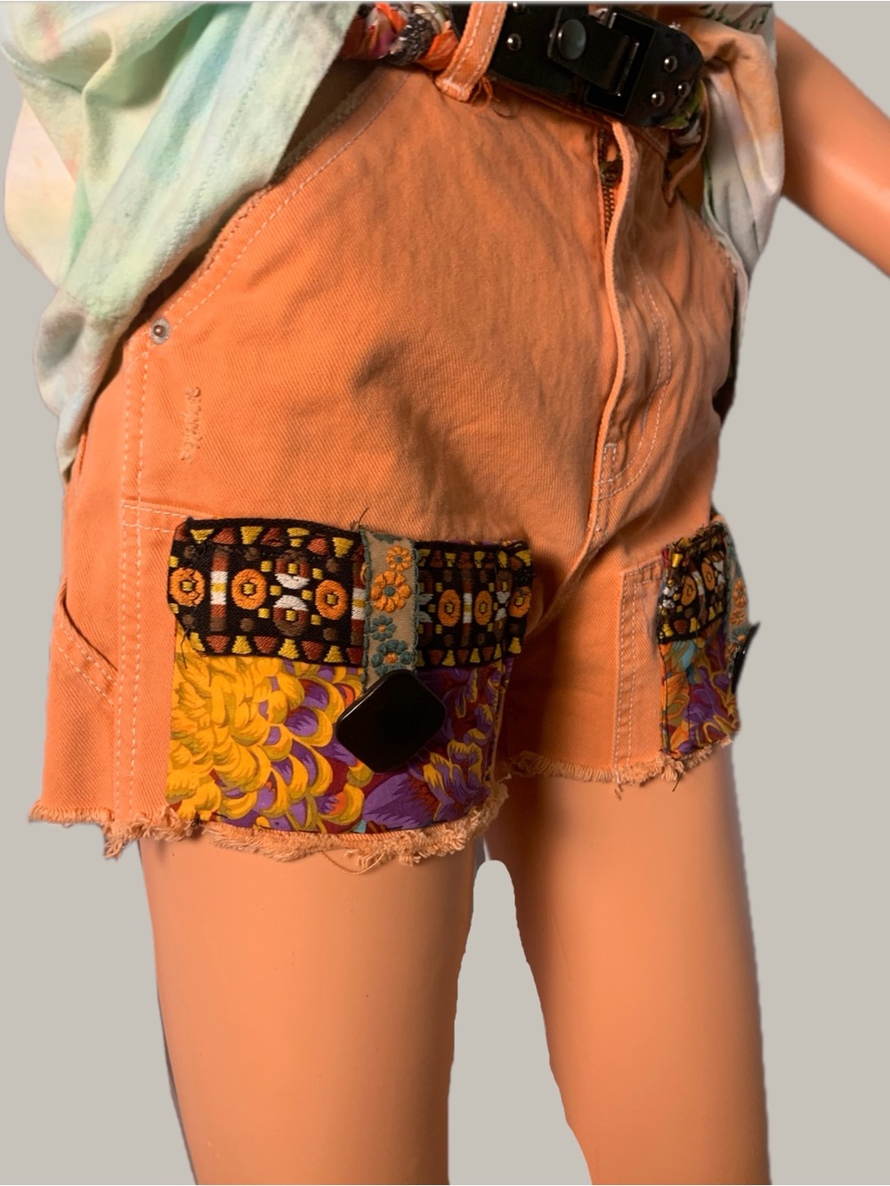 Boho Tan Patch Pocket Jean Shorts with Decorative Trim - Picture 6 of 12